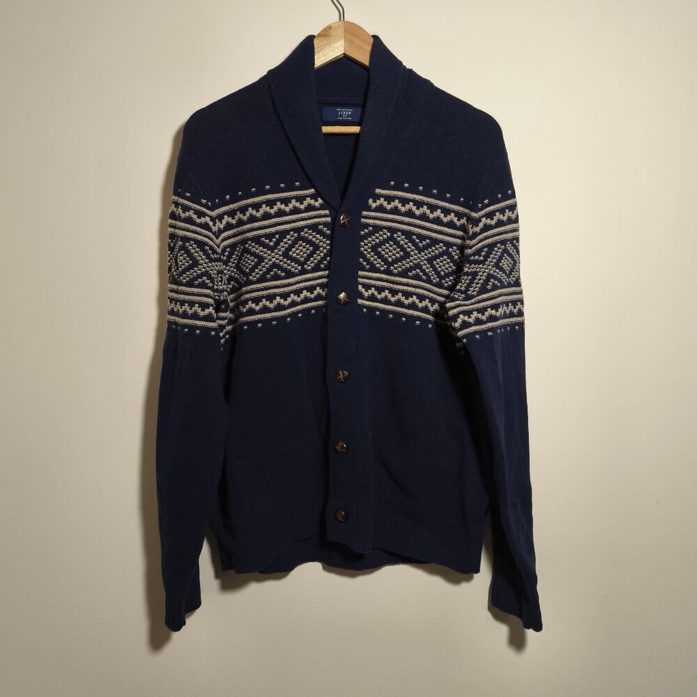 J Crew 100% Lambswool V Neck Shawl Collar Nordic Cardigan sz L Navy